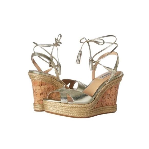 Badgley Mischka metallic gold wedge sandals sz 10 - Picture 2 of 16